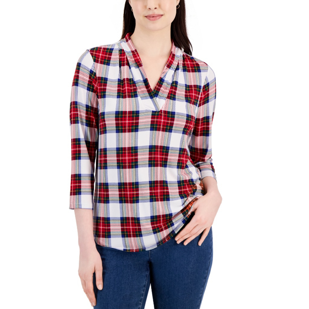 Charter Club Women's Small Petite Colorful Plaid Pleated-Neck 3/4-Sleeve Top NWT
